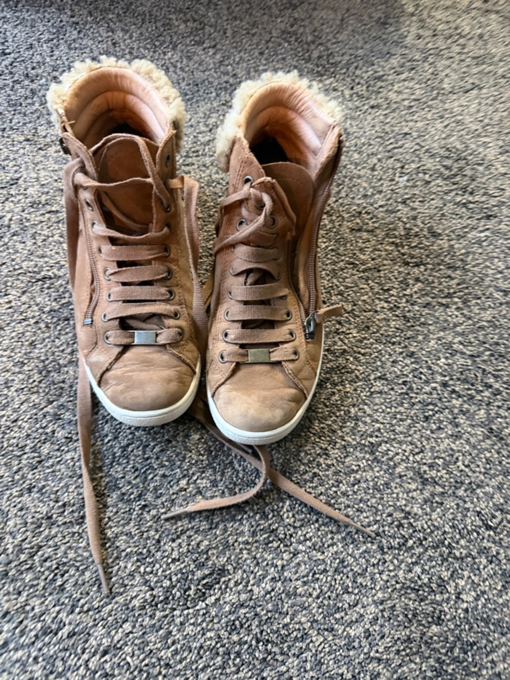 UGG Women's Tan Suede High-Top Sneaker Boots with Faux Fur Trim